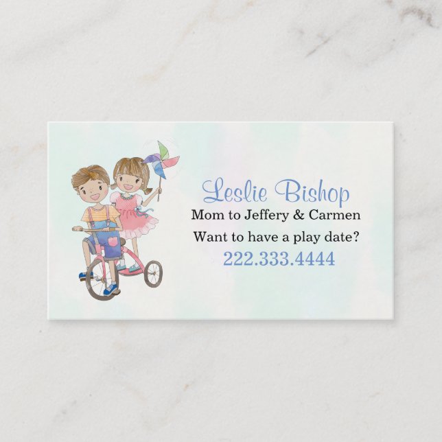 Boy and Girl on Tricycle Mommy Play Date Card (Front)