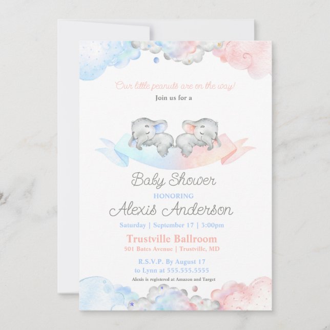 Boy and Girl Sleeping Twins Elephants Baby Shower Invitation (Front)