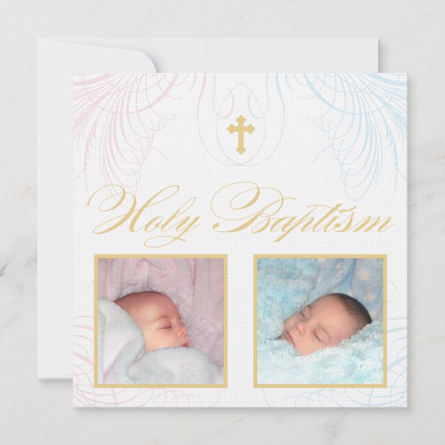 Boy and Girl Twins Photo Baptism Invitation (Front)