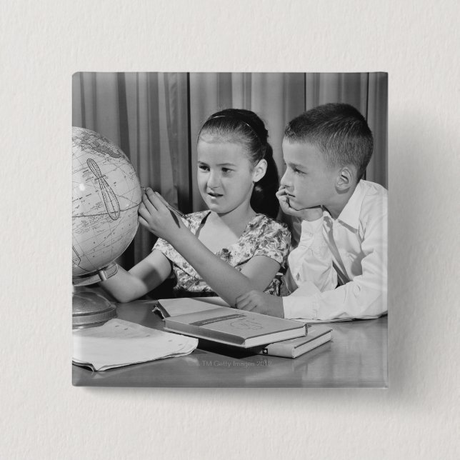 Boy and Girl Viewing Globe 2 Inch Square Button (Front)