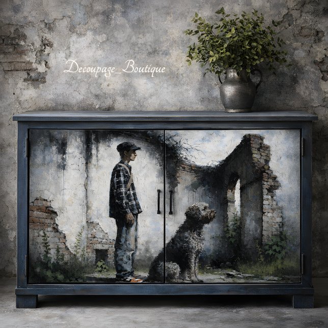 Boy and Loyal Dog in Ruins Blue Gray Decoupage Tissue Paper (Boy and Loyal Dog in Ruins Blue Gray Decoupage Tissue Paper Mockup)