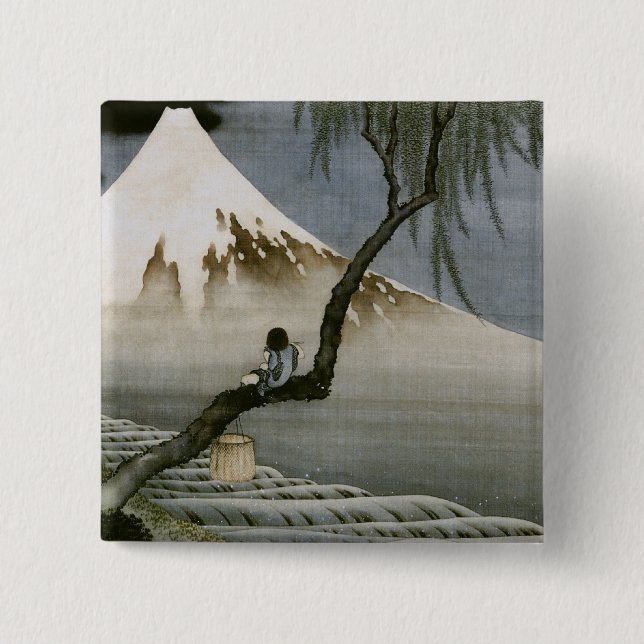 Boy and Mount Fuji Hokusai Japanese Fine Art 2 Inch Square Button (Front)