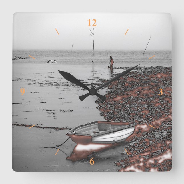 Boy and Seagull fishing by a nuclear power station Square Wall Clock (Front)