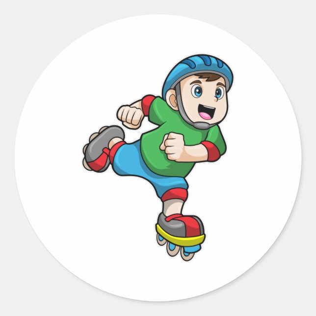 Boy as Skater with Skates & Helmet Classic Round Sticker (Front)