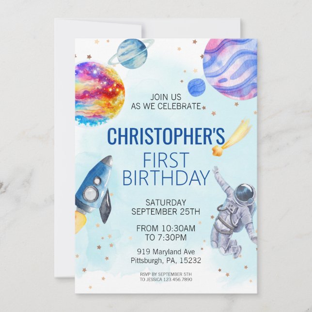 Boy Astronaut Space birthday party Invitation (Front)