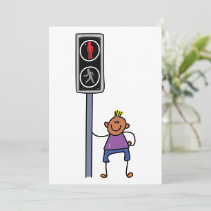 Boy at Pedestrian Crossing with Red Stop Signal Invitation