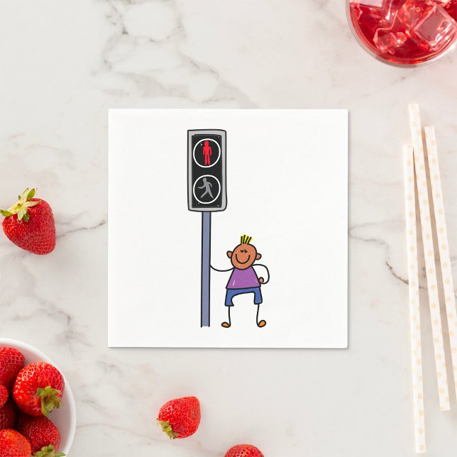 Boy at Pedestrian Crossing with Red Stop Signal Napkin (Creator Uploaded)