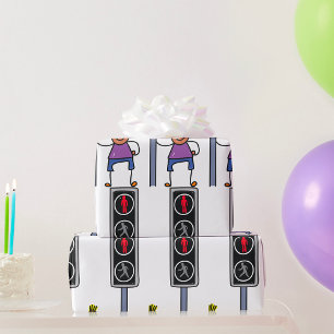 Boy at Pedestrian Crossing with Red Stop Signal Wrapping Paper