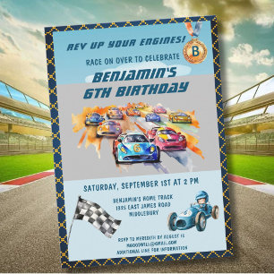 *Boy Auto Car Racing Theme 6th Birthday Party Invitation