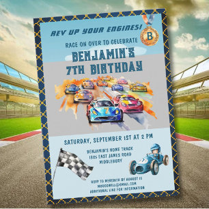 *Boy Auto Car Racing Theme 7th Birthday Party Invitation