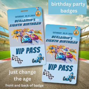 Boy Auto Racing 8th Any Age Birthday Party VIP Badge