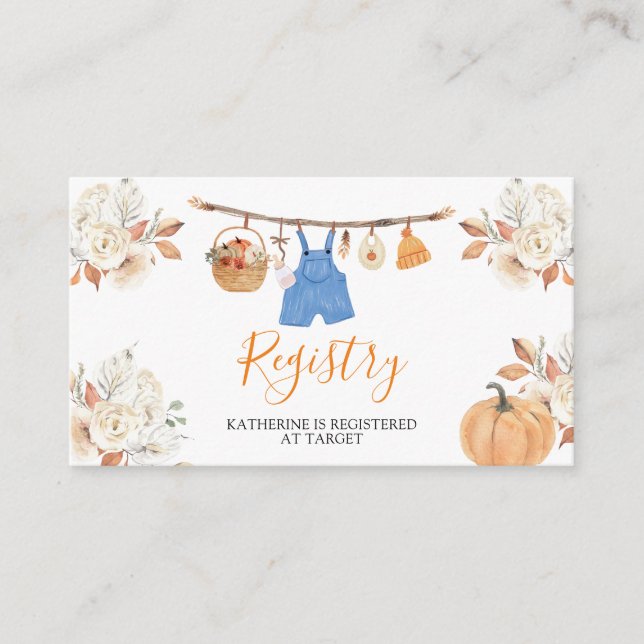 Boy Autumn Clothes Pumpkin Baby Shower Registry Enclosure Card (Front)