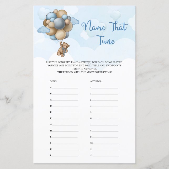Boy baby bear blue ivory balloons Name That Tune (Front)