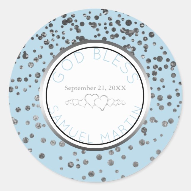 Boy Baby Blue Silver Personalized Religious Favour Classic Round Sticker (Front)