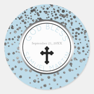 Boy Baby Blue Silver Personalized Religious Favour Classic Round Sticker