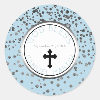 Boy Baby Blue Silver Personalized Religious Favour Classic Round Sticker