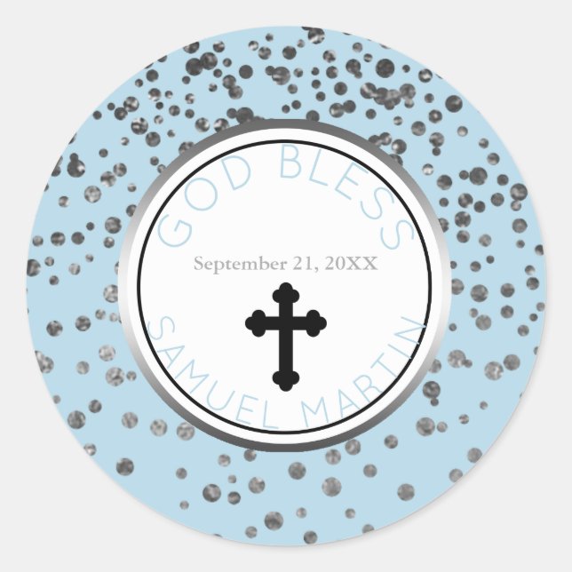 Boy Baby Blue Silver Personalized Religious Favour Classic Round Sticker (Front)