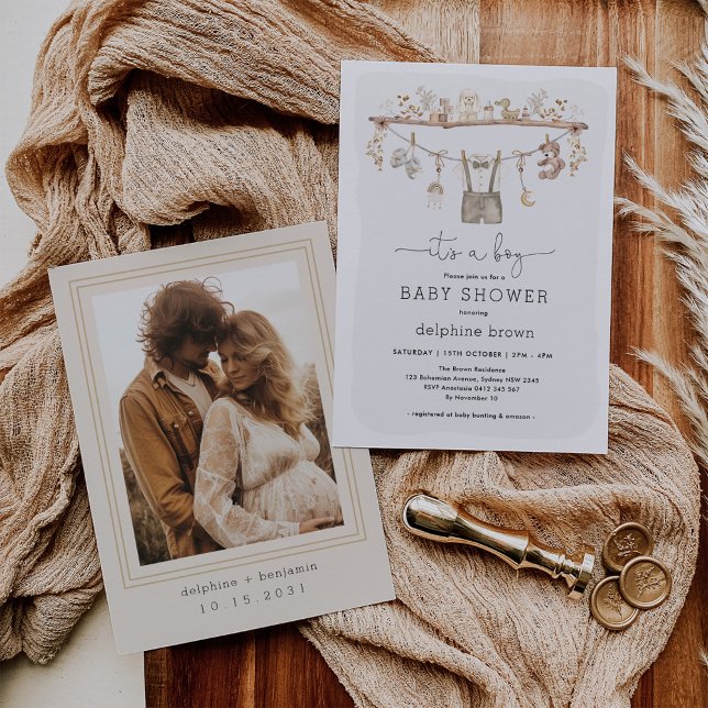 Boy Baby Clothes Boho Neutral Tone Baby Shower Invitation (Creator Uploaded)