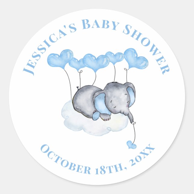 Boy Baby Elephant on White Cloud Baby Shower Classic Round Sticker (Front)