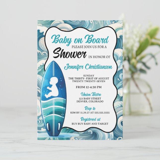 Boy Baby on Board Baby Shower Invitation (Standing Front)