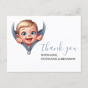 Boy Baby Peeking out Baby Shower White Thank You   Postcard
