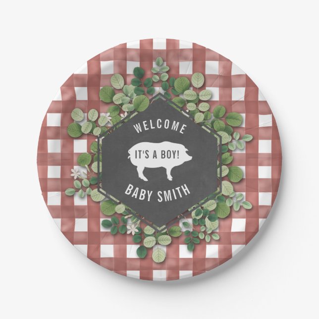 Boy Baby Q Botanical Gingham Baby Shower Paper Plate (Front)