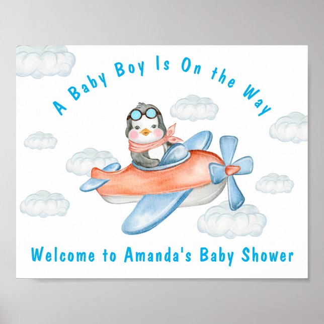 Boy Baby Shower Airplane Blue Penguin Poster (Front)