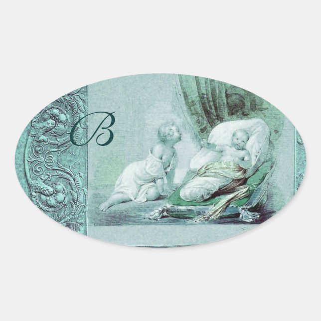 BOY BABY SHOWER ANTIQUE BLUE FLORAL MONOGRAM OVAL STICKER (Front)