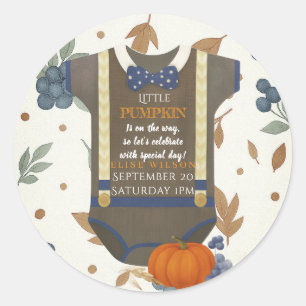 Boy baby shower autum fall blue burlap bodysuit classic round sticker