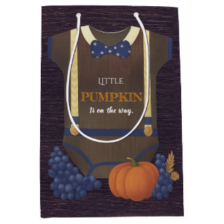 Boy baby shower autum fall blue burlap bodysuit  medium gift bag