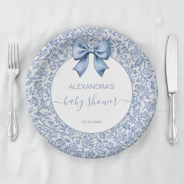 Boy Baby Shower Blue Bow Floral Pattern Script Paper Plate (Creator Uploaded)