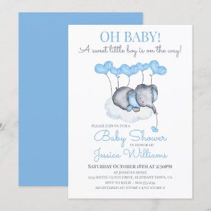Boy Baby Shower Blue Elephant on Cloud Invitation