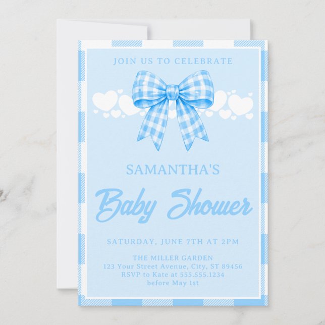 Boy Baby Shower Blue Gingham Bow Invitation (Front)