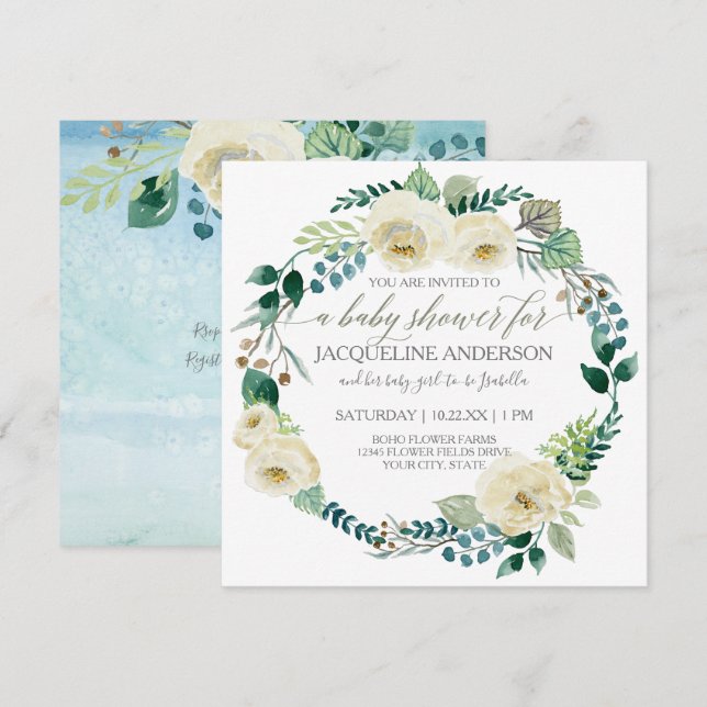 Boy Baby Shower Blue n White Roses Leaf Wreath Invitation (Front/Back)