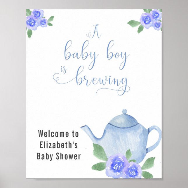 Boy Baby Shower Blue Teapot and Flowers Welcome Poster (Front)