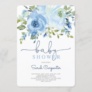 Boy baby shower, blue watercolor floral boy invitation
