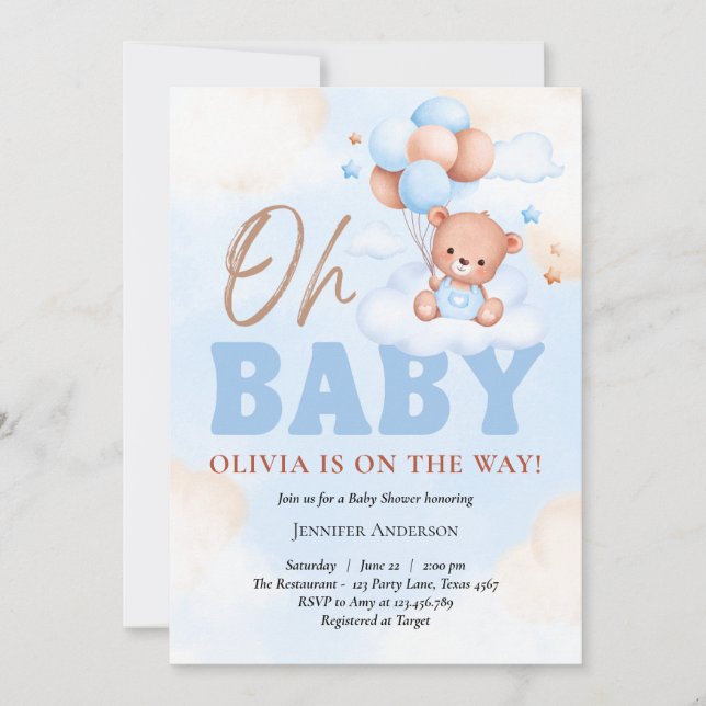 boy baby shower,blue,we can bearly wait,teddy bear invitation (Front)