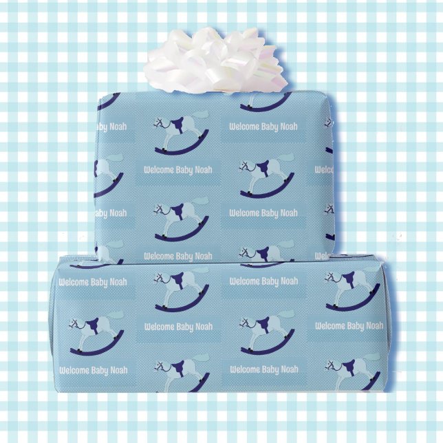 Boy Baby Shower Cute Rocking Horse Name Blue Wrapping Paper (Creator Uploaded)