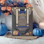 Boy Baby Shower Fall Pumpkin Rustic Burlap Wood Invitation<br><div class="desc">Rustic Fall Boy Baby Shower Invitation features Bow Tie,  Burlap Bodysuit,  Wood Background and Orange and Navy Blue Pumpkins Illustrations</div>