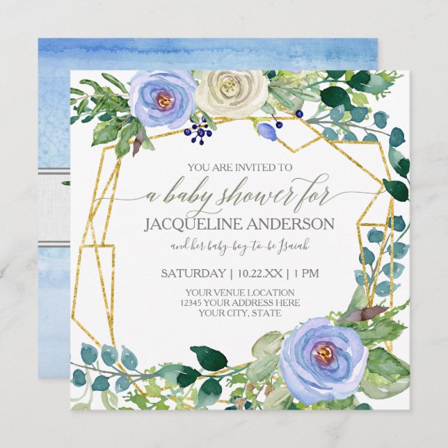 Boy Baby Shower Geometric w Blue n White Roses Invitation (Front/Back)