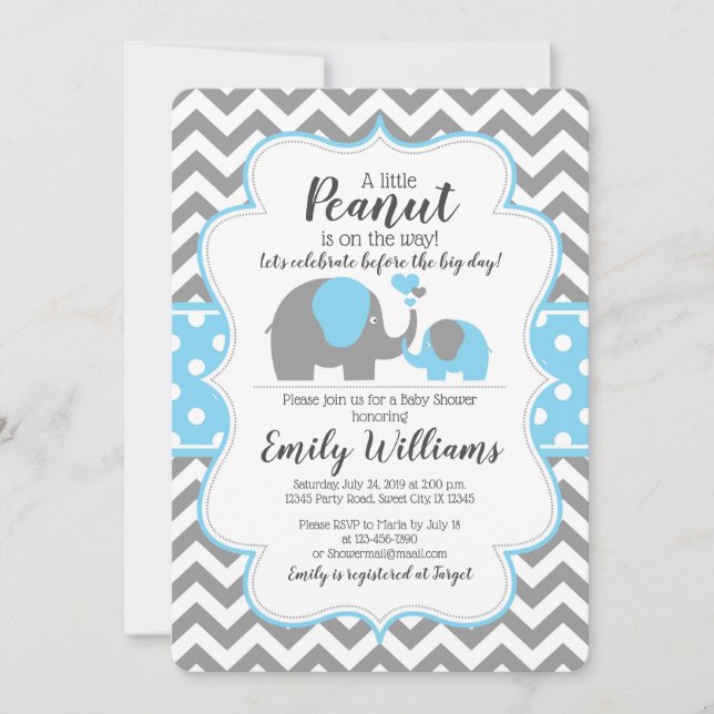 Boy baby shower invitation blue elephant theme (Front)