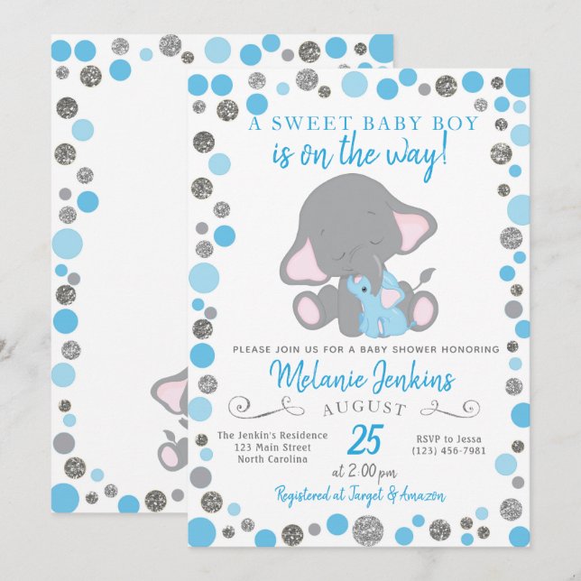 Boy Baby Shower Invitation, Elephant Baby Shower Invitation (Front/Back)