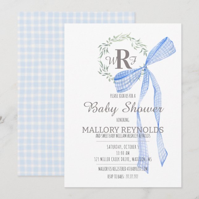 Boy Baby Shower Invitation Monogram & Gingham Bow (Front/Back)