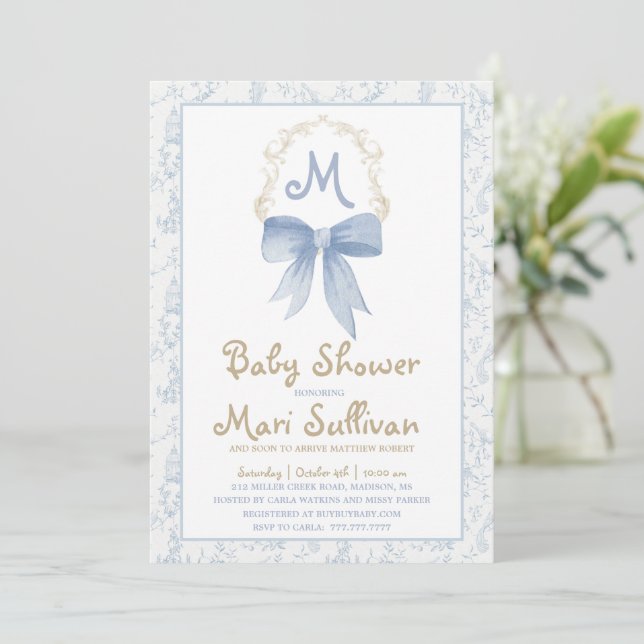 Boy Baby Shower Invitation with Blue Damask (Standing Front)