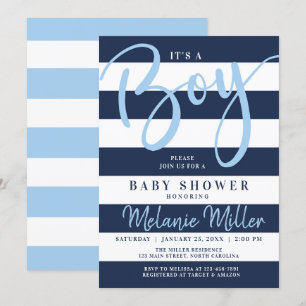 Boy Baby Shower Invitations, Navy Blue Stripes Invitation