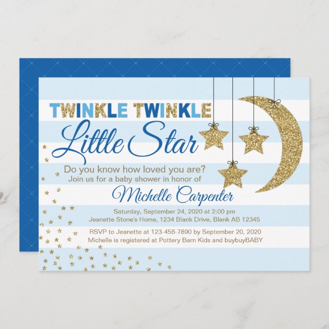 Boy baby shower invite twinkle little star blue (Front/Back)
