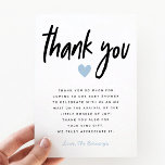 Boy Baby Shower Modern Blue Heart Thank You Card<br><div class="desc">Simple baby shower thank you card with a ready-made message in place for your boy baby shower. The text at the top says "thank you" in modern script font with a blue heart under it. You can change the wording of the text and add your name at the bottom.</div>