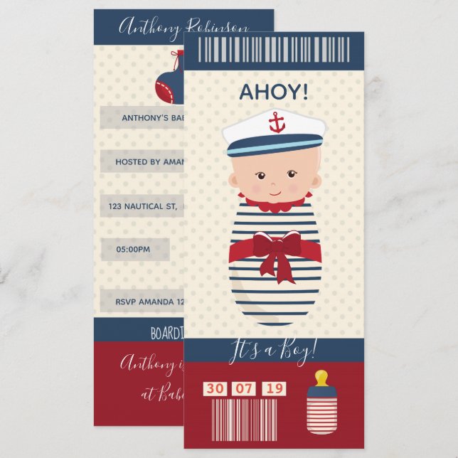 Boy Baby Shower Nautical Boarding Pass Ticket Invitation (Front/Back)