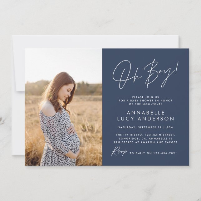 Boy baby shower navy blue elegant  photo invitation (Front)