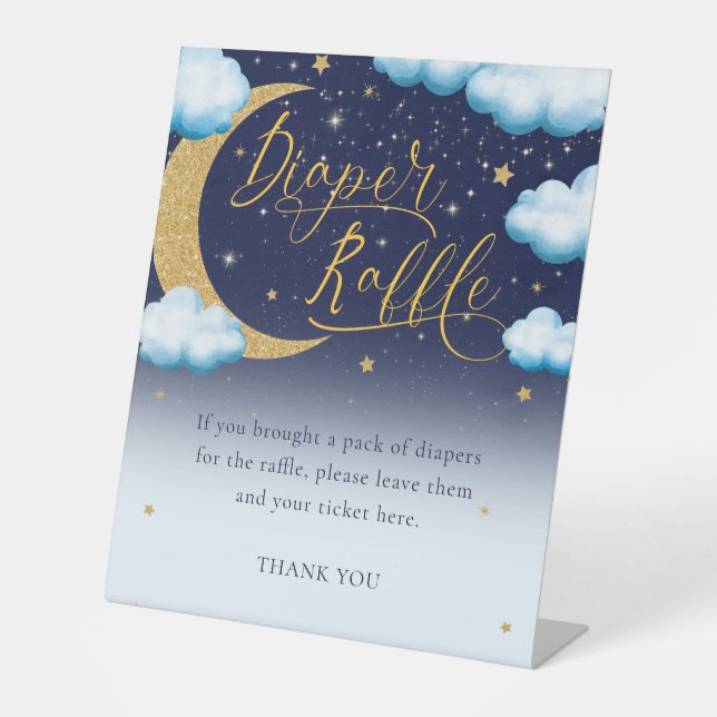 Boy Baby Shower Over the Moon Diaper Raffle Pedestal Sign (Front)